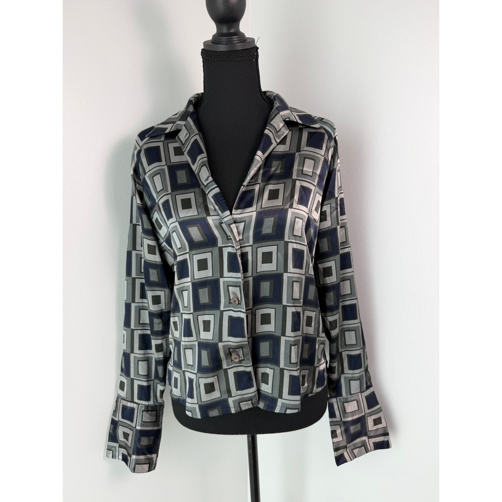 Vintage 70s 2000s Geometric Satin Button Down Blouse Mob Wife Office Siren Indie
